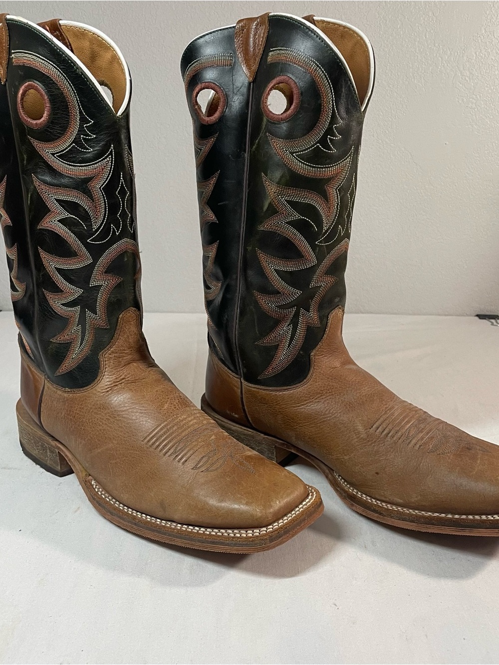 Justin Boots Two-Tone Brown Foot Black Embroidered Shaft Western Boots